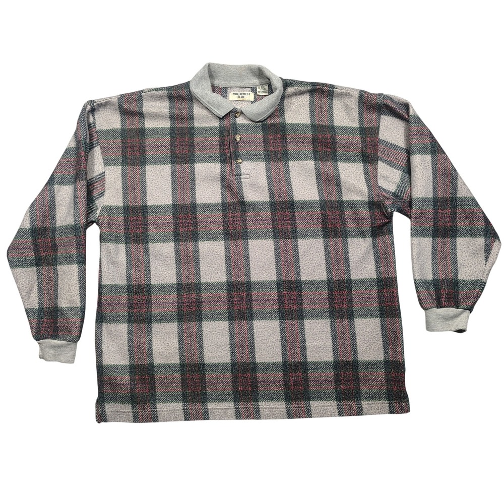 Northwest Blue Polo Mens XL Rayon Blend Fleece Long Sleeve Plaid Grey Vintage
